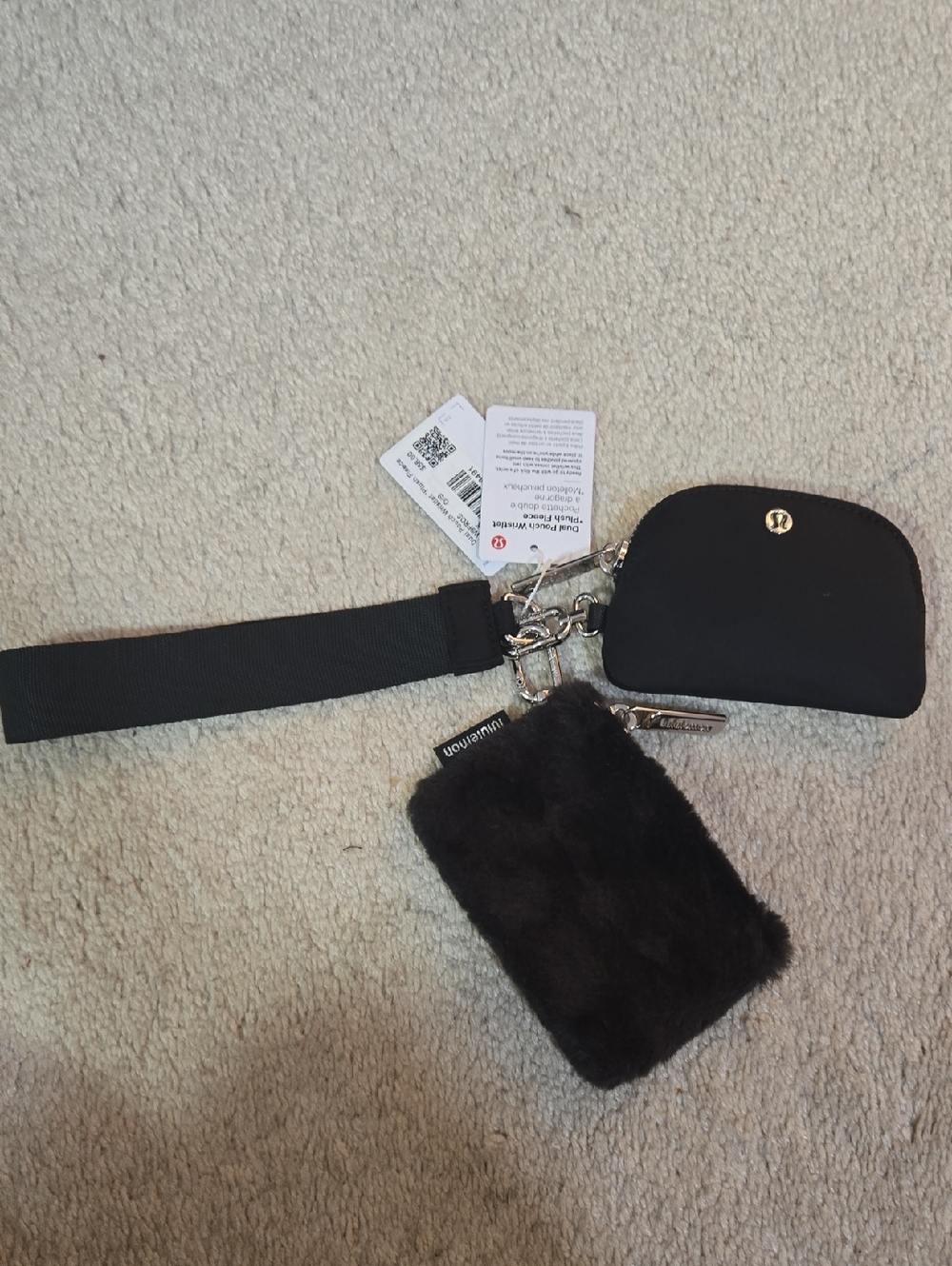 lululemon athletica Black Dual  Faux Fur Key Pouch with Silver Hardware